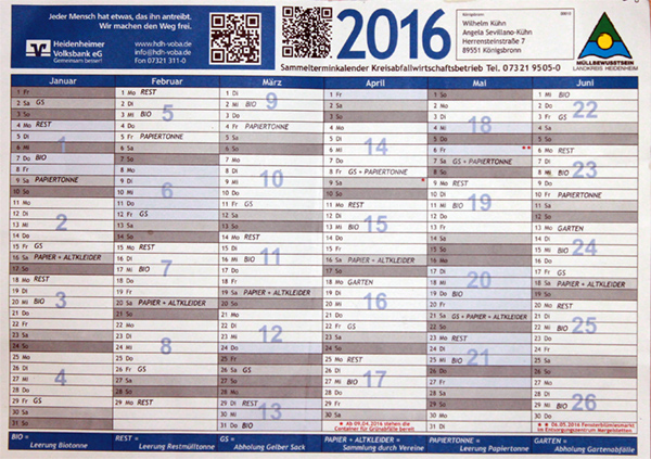 Calendario Recogida Basuras 1 semestre 2016 en Konigsbronn