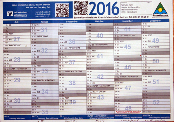 Calendario Recogida Basuras 2 semestre 2016 en Konigsbronn