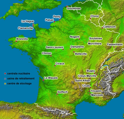 Mapa de las centrales nucleares francesas