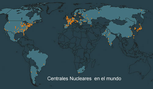 Mapa con las Centrales Nucleares existentes en el mundo
