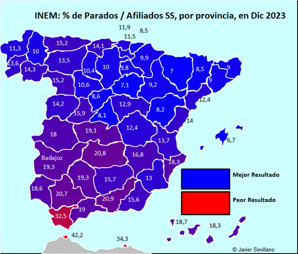 SEPE (INEM): Mapa de Parados entre Afiliados a la Seguridad Social, por provincia