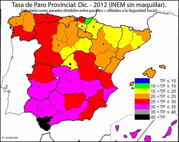 SEPE (INEM): Mapa de Tasa Paro sin maquillar por Provincia