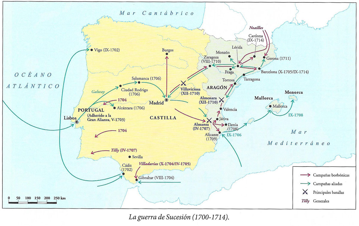 Mapa de la Guerra de Sucesión Española del libro Breve Historia de España de Fernando García de Cortazar y J. Manuel González Vesga